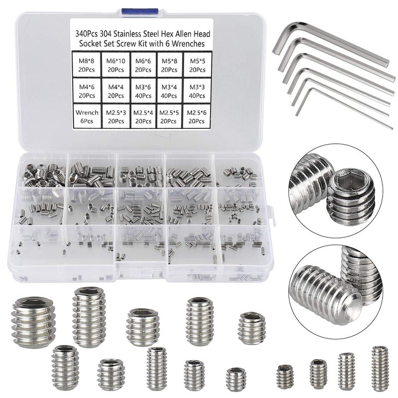 HanTof 340Pcs M2.5, M3, M4, M5, M6, M8 Metric Hex Socket Head Cup Point Set Screws, Allen Head Grub Screw, Internal Hex Drive Headless Set Screw Assortment Kit with 6 Hex Wrenches, 304 Stainless Steel - Image 1